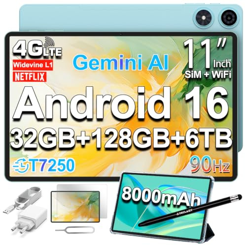 TECLAST P50 Tablette 11 Android 16 90Hz, 32Go+128Go+6To,SIM 4G LTE 8000mAh | T7250 2GHz Octa-Core Gemini AI, 5G WiFi 6, Widevine L1, GPS, 13MP, 2026 Tablette avec Stylet+Étui+Protecteur d'écran+Chargeur