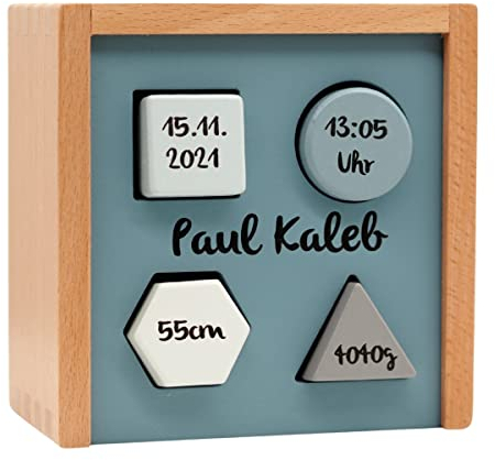 KIDSLINO Formen-Steckspiel blau - personalisierbar I Geschenk zur Geburt & Taufe I Handmade Holzspielzeug ab 1 Jahr I Personalisierte Geschenke Baby I Sortierbox mit Name & Geburtsdaten