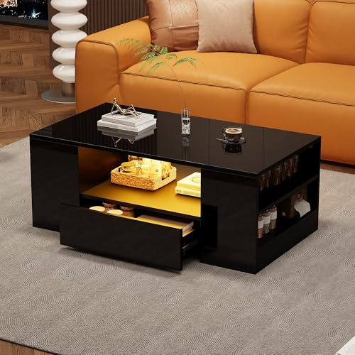 Merax Moderner Couchtisch Hochglanz Mit Led, Beistelltische fürs Wohnzimmer, Wohnzimmertisch, Sofatisch, 2 Schubladen und 2 Regalsofa (95 x 53 x 37cm) (Schwarz)