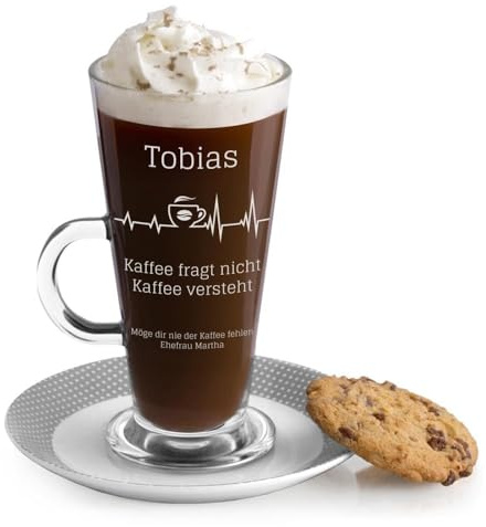 Maverton Kaffee Glas mit Gravur 360 ml - Latte Macchiato Tasse mit Griff - Cappuccino Glas - Kaffee Zubehör - Kaffeetasse für Männer zum Geburtstag - personalisiert - Kaffeefreund