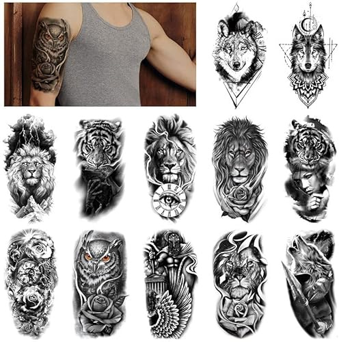 INTEROOKIE 12 STÜCKE/PAKET Tattoo-Set Tattoo-Aufkleber Schwarzes Tier Löwe Wolf Großes Muster Wassertransfer Nachahmung Tattoo Aufkleber Tattoo