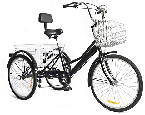 KOLHGNSE Dreirad Für Erwachsene 24 Zoll Fahrrad 3-Rad-Dreirad Fahrrad 7-Gang mit Einkaufskorb für Erwachsene, Senioren, Frauen (Zwei Körbe)