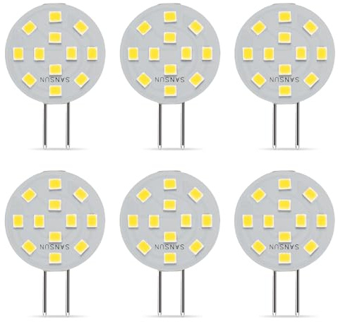 SANSUN Lot de 6 ampoules LED G4 2 W équivalent à 20 W halogène G4/GU4/GZ4 à base bi-broche, AC/DC12 V 3000 K grand angle 120 °, non compatible avec variateur d'intensité (blanc froid)