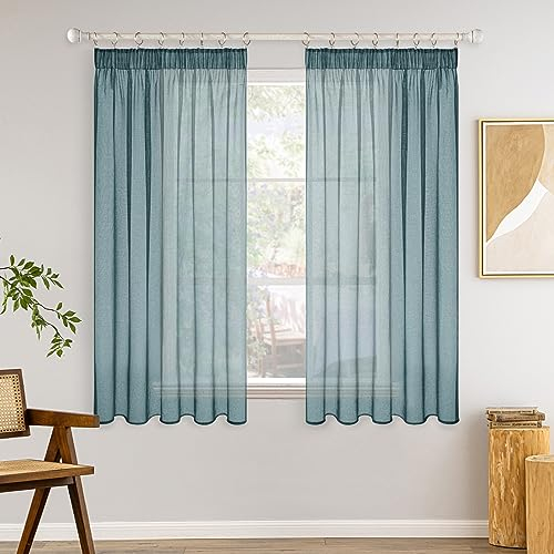 MIULEE Gardinen Vorhänge mit Kräuselband 2er Set Gardine Vorhang Gardinen Wohnzimmer aus Sheer Voile Curtains Transparent Schlafzimmer Staubiges Blau 140 x 145 cm