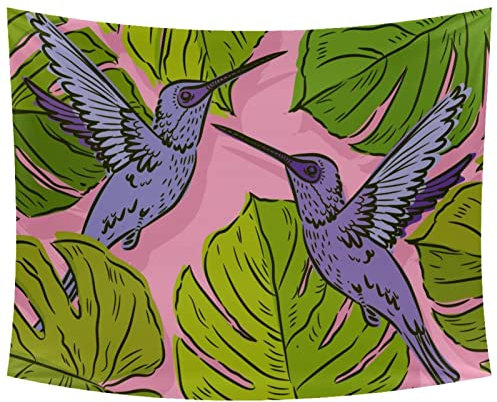 Grüne Monstera-Blätter, lila Kolibri, rosa personalisierbarer Wandbehang, für Schlafzimmer, Heimdekoration