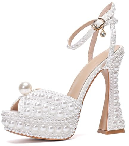 MINITOO Sandali da donna con plateau, con tacco alto, da sera, con decorazione, Lh003 Tacco Bianco 14cm, 36 EU