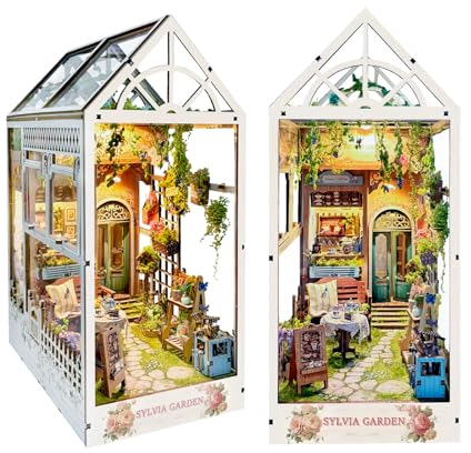 Cuteefun DIY Book Nook Kit, DIY Miniatur Bücherregal Einsatz, 3D Holz Buchstütze mit LED Licht, Delicate Dekoration, Einzigartiges Geschenk für Erwachsene Teenager (Sylvia Garten)