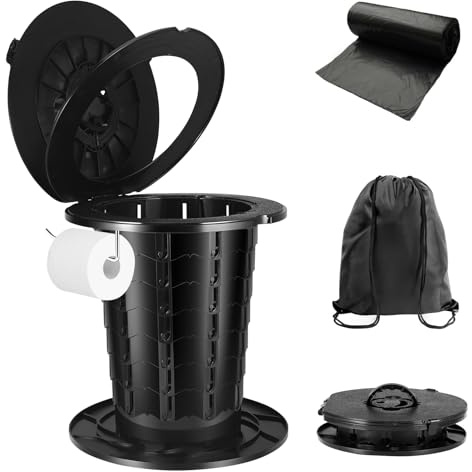 Folding Camping Portable Toilet With 8 Height Adjustable Settings for Adults & Kids - Travel With Lid, Seat, Bags & Roll Holder for Outdoor, Campervan, Fishing Trip, Car - Load 180kg
