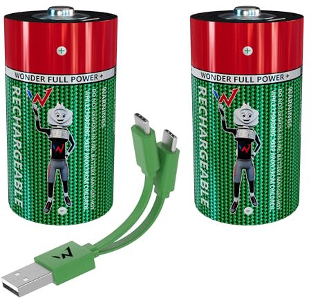 W onder Full Energy - Batterie D / LR20 ricaricabili tramite USB-C - Cavo USB-C incluso, lunga durata, 1,5 V, 6000 mWh, 3600 mAh, confezione da 2 batterie