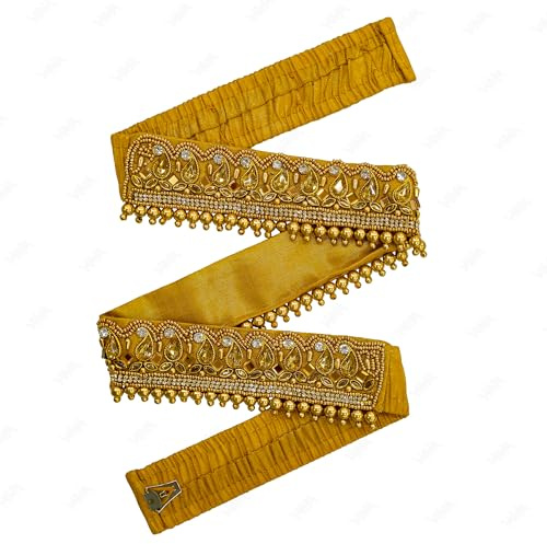 VAMA Sari traditionnel réglable en tissu brodé - Ceinture extensible Kamarpatta Kamardhani Kamarbandh Kamar ka Patta Patti Tagdi pour femmes et filles, Golden Kamarbandh, 30-40 Inches