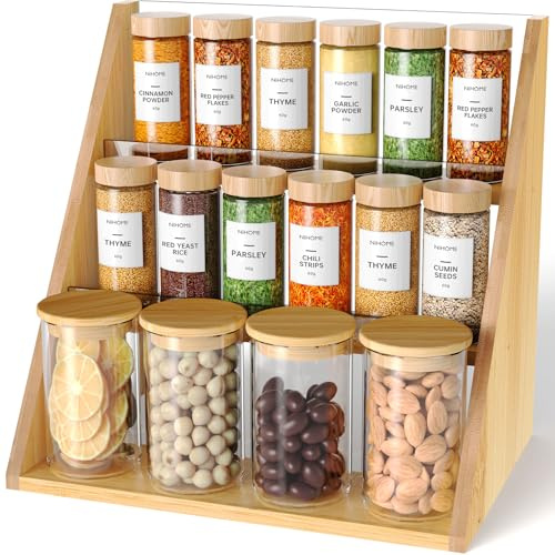 NiHome 3 Etagen Gewürzregal Stehend aus Bambus und Acryl, Küchenregal für Große Gewürzgläser und Kosmetik, Badzimmer Aufbewahrung Regal,Gewürzhalter,Gewürzständer Organizer für Küchen und Bäder