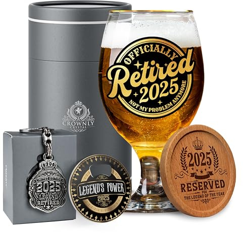 CROWNLY CRYSTAL® 2025 Ruhestand Geschenk Bierglas Mit Gravur Personalisierte Geschenke Renteneintritt Geschenk Männer Karte Zum Ruhestand Abschiedsgeschenk Kollegen Lustige Geschenke Für Männer