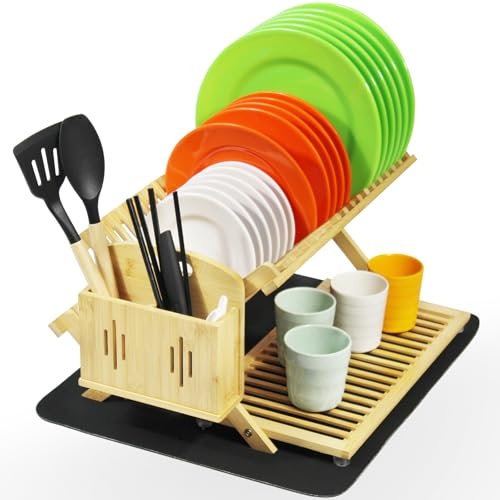 YZHDUXIU Escurridor de platos de bambú con tapete de secado de platos, estante plegable de 3 niveles, estantes grandes para encimera de cocina, escurridor de platos plegable de madera con soporte para