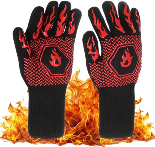 M METERXITY Grillhandschuhe hitzebeständig BBQ Handschuhe, 1472°F hohe Temperaturbeständigkeit Silikon feuerfeste Handschuhe, Grillhandschuhe für Outdoor Grill/Barbecue [Rot/Schwarz]