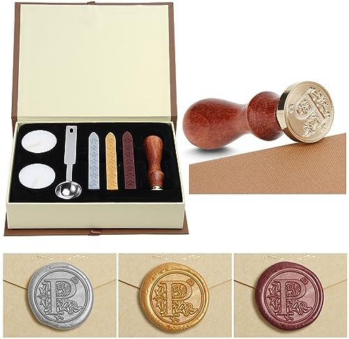 Siegelwachs-Set,Classical Old-Fashioned Antique Wax Stamp Seal Kit Initial Letters Alphabet Set Gift Box with Vintage Wooden Handle and Brass Color Head, Siegelstempel-Wachsset, Geschenkbox (P)