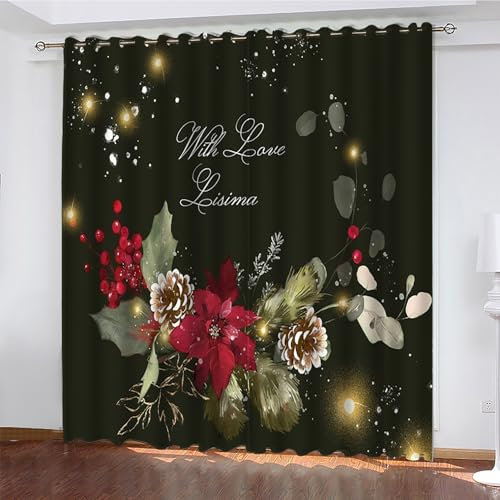 YZQGLHP Gardinen Weihnachtsblumen Vorhänge Neujahr Verdunklungsvorhänge Schiebe Schallschutz Vorhang mit Ösen für Schlafzimmer Wohnzimmer H245 x B140 cm 2 teiliges Set