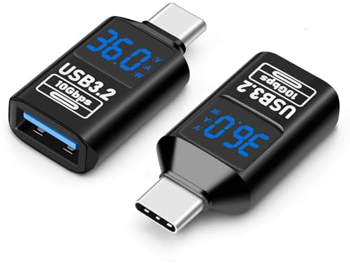 AIYEEN Adaptador USB 3.2 con Pantalla Digital, USB C Macho a USB-A Hembra OTG de 10 Gbps, monitoreo de energía en Tiempo Real, Carga rápida de hasta 36 W para computadora portátil (Paquete de 2)