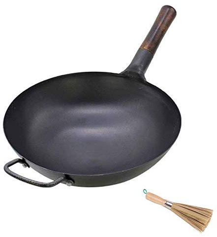 Wok de acero al carbono antiadherente de 32 cm con mango de madera y cepillo para olla, wok tradicional martillado a mano para cocina, wok de cocina de base redonda