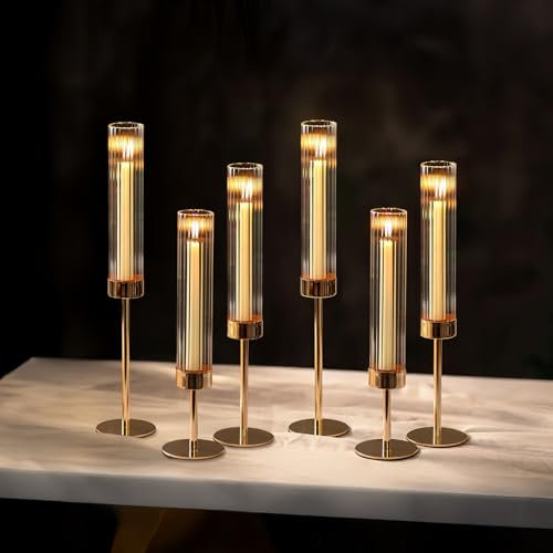NUPTIO Hurricane Candle holder for Centerpiece: Set of 6 Tall Candle Stick Holder with Ribbed Glass Cover - Bulk Metal Taper Candle Holders for Living Room Wedding Birthday Decor