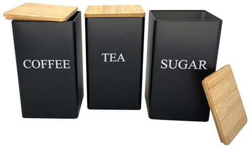HYSHLC Juego de 3 botes cuadrados para té, café y azúcar, juego de botes de 1 litro con tapa hermética de bambú, latas de almacenamiento de hojalata negra para cocina, despensa, sala de estar, oficina