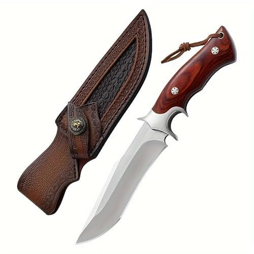 Amacigana Survival-Messer,M390-Stahlklinge,Vollschäftung, Leder-Scheide,Roter Holzgriff,Outdoor, Camping & Sammler