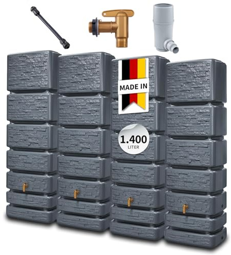 4rain Slim Stone Decor Wandtank-Set 1400 Liter Graphite Grey - Regentonne, Regenfass, Wassertank, Regenwassertonne, Wasserfass, Regenwassertank, Wassertonnen für Garten, Wassertonne, Fass