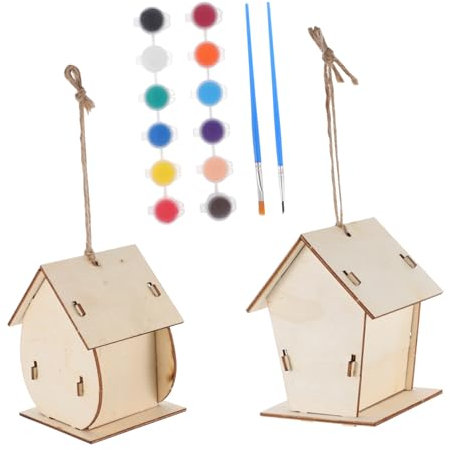 Warmhm 2sätze DIY Vogelhaus Zum Bemalen Aus Holz Unfertiger Vogelhaus Puzzle Bausatz Handwerk Für Junge Mädchen Und Erwachsene Natur Holz Anhänger