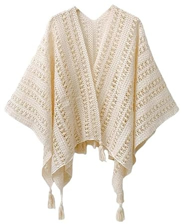 AQCQDQ Damen Weiche Schlichte Poncho Capes Retro Cardigans Pullover Frühling Sommer Herbst Gestrickt Dekorativ Umschlagtuch Schal Damen Schal Wickel Poncho Boho Häkel Cardigan Umhang