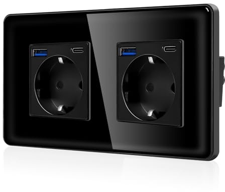 CNBINGO Doppelsteckdose mit UBS AC, Curved Glasrahmen, 2-Fach Schwarz | Zweifach Schuko Steckdose mit 2.1A USB, TypC und USB-A, Wandsteckdose Unterputz mit Kindersicherung 2,5D Curved Glas
