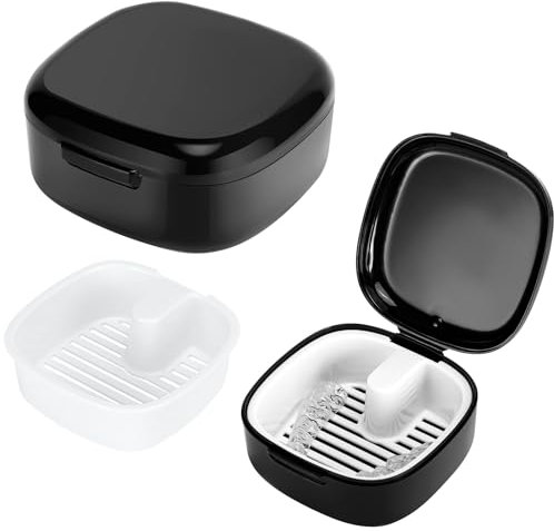 Zikenis Scatola per protesi dentarie con colino,coperchio per scatola per protesi portatile,contenitore per scatola per protesi,scatola per ammollo e conservazione di protesi dentarie (Nero)