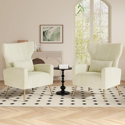 Aivermeil 2er-Set Sofas/Ohrensessel/Relaxsessel/mit Kopfkissen und Gold Metallfüßen Einzelsofa aus Samt bis 136KG Schlafzimmer/Wohnzimmer Beige