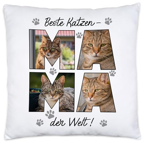 Kiddle-Design Beste Katzenmama Kissen, Personalisiertes Fotokissen für Katzenbesitzerin und Katzenliebhaberin mit Text und Fotos, Katzenkissen als Katzengeschenk – Kissen inkl Füllung