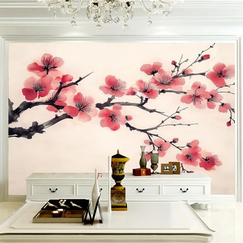 Carta da parati panoramica Fiore Di Pesco Rosa 3d 250 x 175 cm - Carta da parati Stile Di Pittura A Inchiostro Cinese - grandi murali poster per soggiorno, camera da letto, adulto e studio
