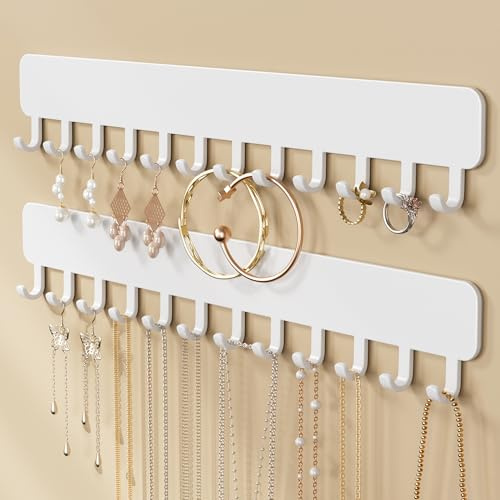Josmimic Organizador de joyas para colgar en la pared, autoadhesivo, con ganchos para collares, pulseras, pendientes, solución de exhibición y almacenamiento para mujeres, 2 unidades, color blanco