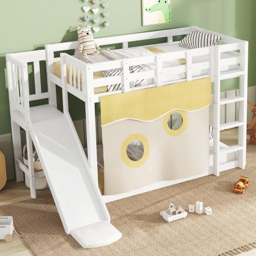 dowowdo Magisches Abenteuer-Etagenbett mit Rutsche & Treppe – Spielbett mit Bettvorhang, Rutschbahn und hohem Fallschutz – Kinderbett 90x200, Weiß, MDF+Kiefer