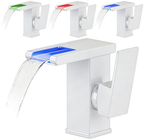 Rubinetto per Bagno con Luci LED, Cascata 3 Colori, Miscelatore Monocomando Acqua Calda e Fredda, Cromato, Moderno, Grigio, Tubi da 60 cm Inclusi