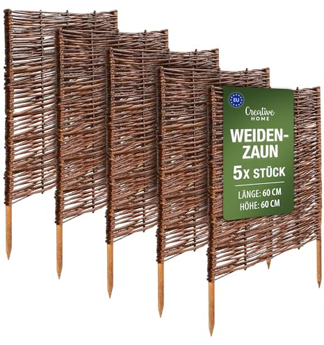 Creative Home Set de 5 Vallas de Mimbre Natural | Tamaño: 60x60cm (+/-1cm) | Valla de Jardín para Delimitar Parterres Decorativa | Cerramiento Cercado de Césped | para Jardín Balcón Terraza