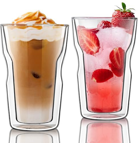 Joeyan 500ml Grandes Vasos de Café de Doble Pared,Juego de 2,Tazas Térmicos Aislados Altos, Vidrio Borosilicato Grueso Mug para Latte Macchiato,Cerveza,Limonada,Té,Bebidas Calientes y Frías,Mojito
