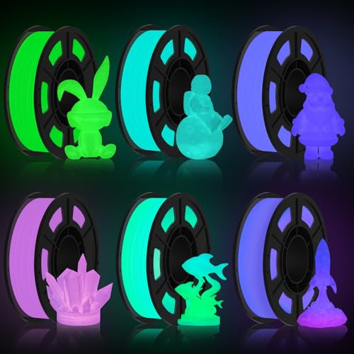 Amoy Glow in The Dark PLA Filament 1.75mm, 6 Colors Glow PLA Filament Bundle, 250g×6 Pack Glow Green/Teal/Purple/Rose Red/Blue-Green/Rainbow 3D Printer Filament, Multicolor Pack 3D Printing Material