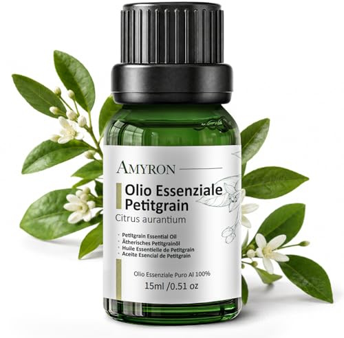 Olio Essenziale Petitgrain 15ml AMYRON | Citrus Aurantium | Naturale E Puro Al 100% | Profumo Floreale Dolce ai Fiori d’Arancia | Ideale Per Aromaterapia | Diffusore | Massaggi Aromatici
