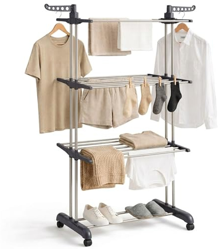 edihome, Tendedero Vertical, Plegable, 4 Niveles con Alas Laterales, Acero Inoxidable, 35 kg Capacidad, con Ruedas, Ahorra Espacio, Interior y Exterior (Gris)