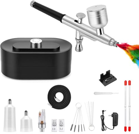 Set compressore per aerografo, 48 PSI, set aerografo a doppia azione con ugelli da 0,2/0,3/0,5 mm, set di colori a 3 livelli regolabile per modellazione, tatuaggi, trucco, decorazioni per torte e