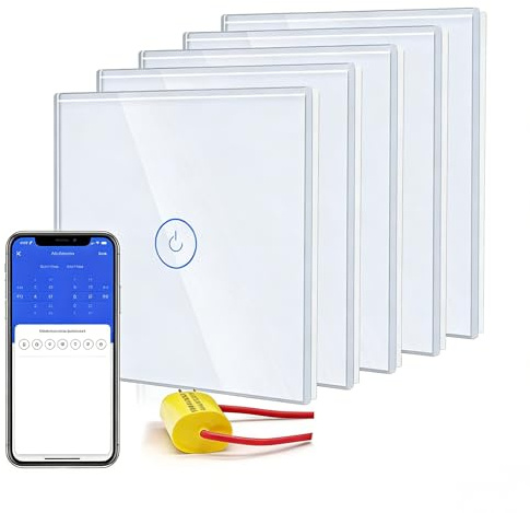 BSEED Smart Light Switch,Wifi Touch Wall Switches With Glass Panel,Alexa Switch with LED Indicator,Control by SmartLife APP,Without Neutral Wire,1 Gang(5 Pack)-NO Neutral,86mm White