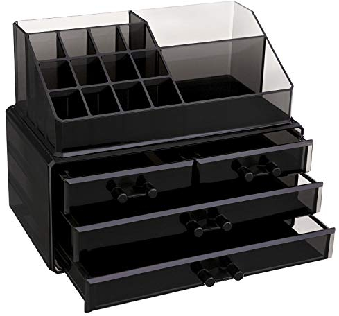 SONGMICS Organisateur de maquillage en acrylique, Boîte de rangement pour produits de beauté, Présentoir à cosmétiques, avec 4 tiroirs, pour rouges à lèvres, parfum, idée cadeau, Noir JKA007BK