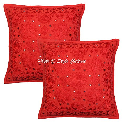 Stylo Culture Ethnicas Funda Almohadon Decorativos 40x40 cm Algodón Espejado Fundas para Almohadones Cama Rojo 16x16 Inch Bordado Cuadrado sobre Fundas para Los Cojines del Sofa - 2 Pcs