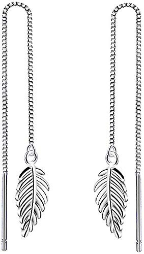 Iszie 925 Sterling Silver Feather Leaf Chain Threader Dangle Pull Through Women's Earrings