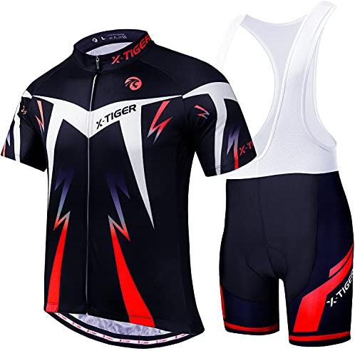 X-TIGER Herren Fahrradtrikot, kurzärmliges Set mit 5D-Gel-gepolsterten Shorts, Fahrradbekleidung Set für Mountainbikes
