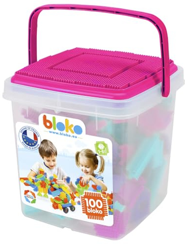 BLOKO - 100 Aufbewahrungstonne mit 1 Spielplatte (Rosa) - Ab 12 Monaten Konstruktionsspielzeug 1. Alter - 503584