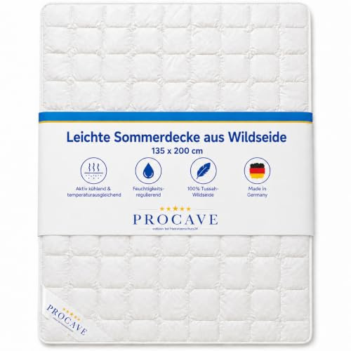 PROCAVE Wildseide Exquisit Qualitäts-Bettdecke für den Sommer 135x200cm, leichte Sommerbettdecke, Tussahseide, aus der Natur, atmungsaktiv & wärmeausgleichend, 100% aus Deutschland