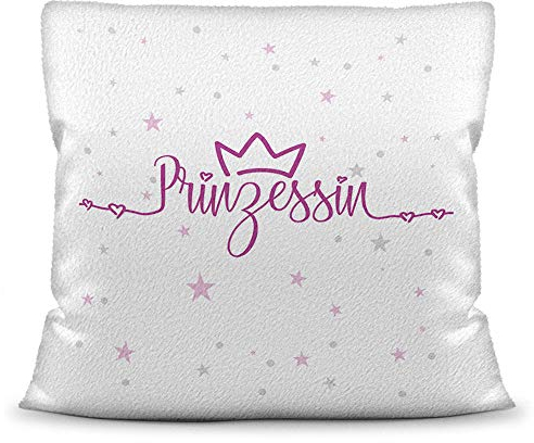 Kissen weiß Polyester (flauschig) inkl. Füllung mit Spruch Prinzessin - Krone - Glitzer/Geschenk-Idee/Stern/Deko-Kissen/Einhorn/Unicorn